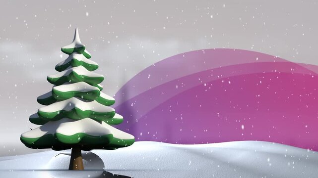 Animation of yellow flashes over christmas tree and snow falling in winter scenery