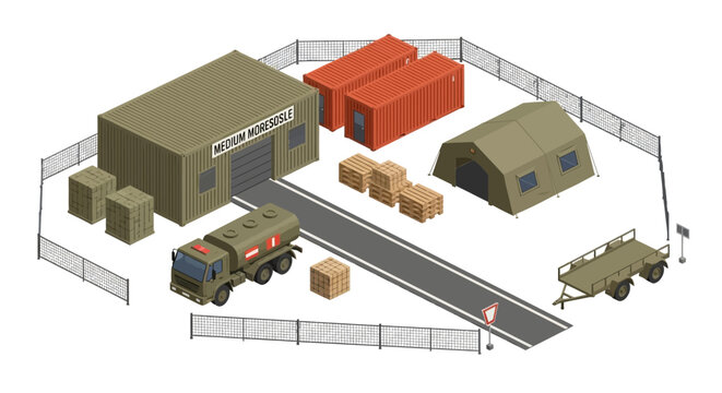 International Day of Human Space Flight poster concept Isometric illustration of a temporary logistics camp with warehouse, tents, and vehicles