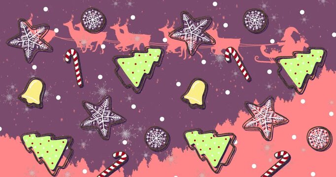 Animation of christmas icons over santa claus in sleigh on purple background