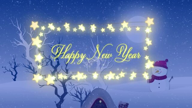 Animation of happy new year greetings text in fairy lights frame over christmas winter scenery