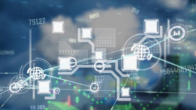 Animation of network of connections with icons over data processing