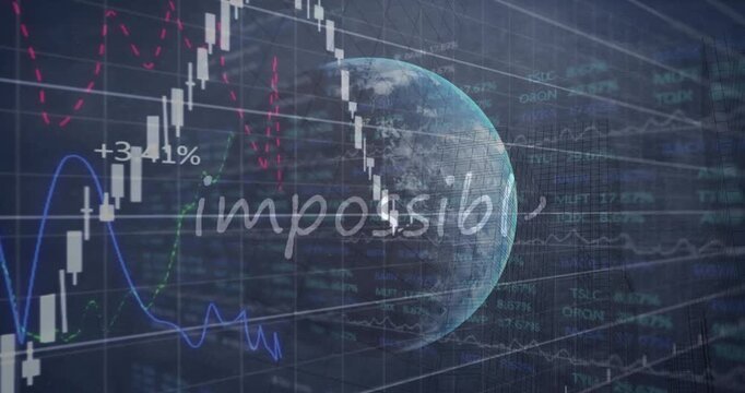 Animation of financial data processing and globe over impossible text