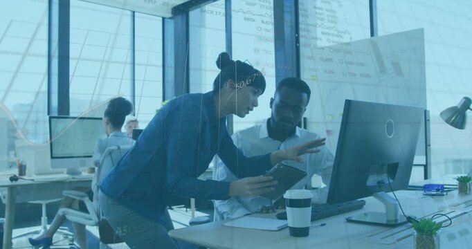Animation of statistical data processing against diverse man and woman discussing at office