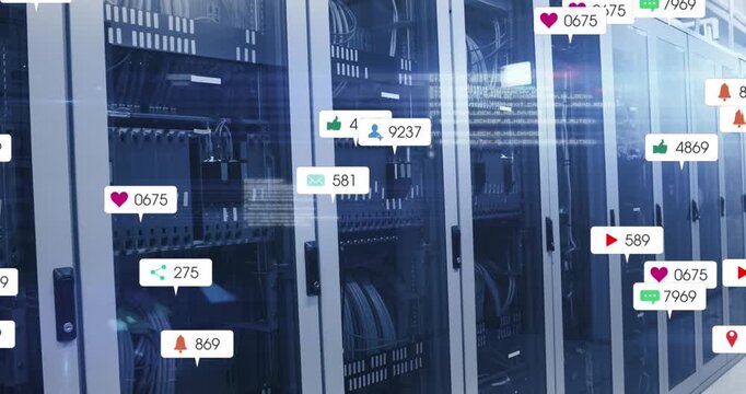 Animation of data processing and social media icons floating against computer server room
