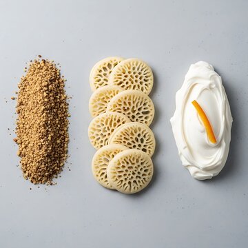 Top down minimalist shot of crushed walnuts, porous mini swa'eb pancakes, and a swirl of whipped cream with orange zest on grey.