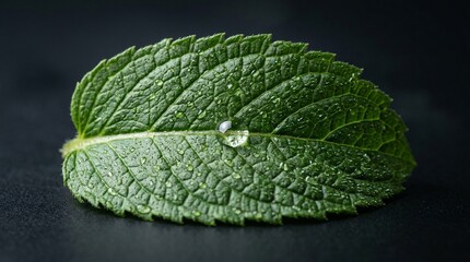 Fresh Mint Leaf with Water Droplet Showing Vein Detail and Reflective Surface on Dark Background No Face No Logo No Text in Clean Studio Light © l1gend