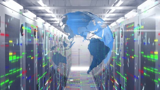 Animation of spinning globe and colorful mosaic squares against computer server room
