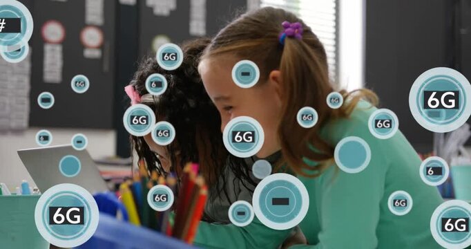 Animation of symbols and 6g text in circles over diverse girls playing games in digital tablet