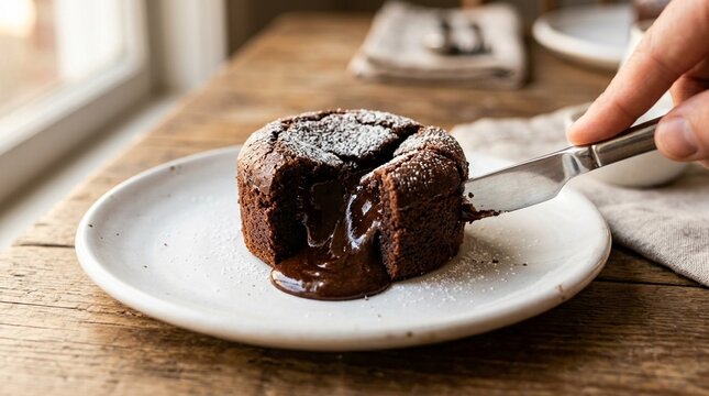 Molten Chocolate Lava Cake Being Cut Open Revealing Flowing Dark Ganache Center on White Plate No Face No Logo No Text in Warm Side Light