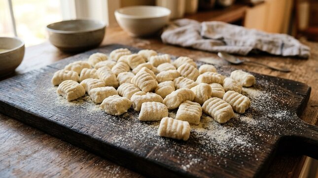 Fresh Ricotta Gnocchi Pillows with Semolina Dusting on Dark Board Showing Soft Indent Texture No Face No Logo No Text in Warm Morning Kitchen Light