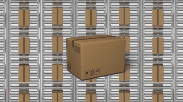 Animation of cardboard box over high angle view of moving cardboard boxes on conveyor belt