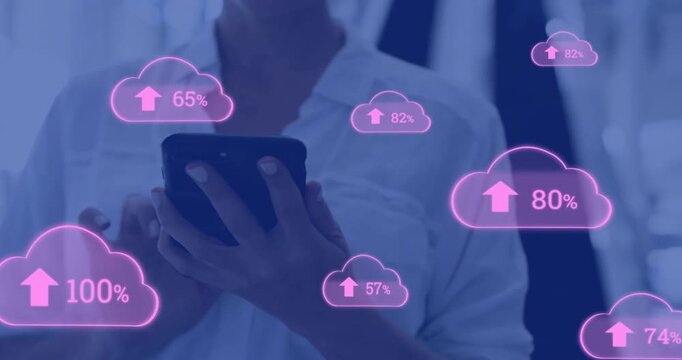Animation of cloud icons with growing number over businesswoman using smartphone