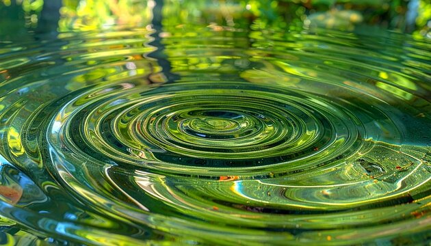 A serene pond water ripple occurs near firefly with lush green surroundings