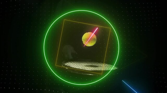 Animation of colourful circle, triangle and square scanning tennis ball bouncing on racket on black
