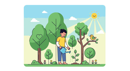 Obraz premium Illustration of a person watering a tree in a sunny park with green trees and a few clouds in the sky.