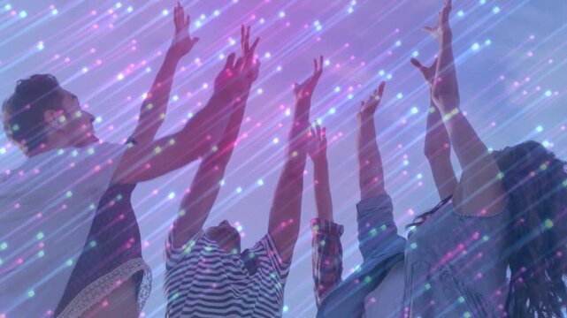 In school, children raising hands with colorful light patterns on them