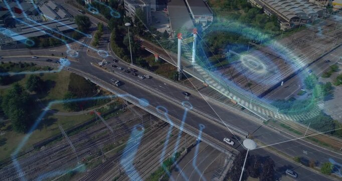 Digital network connections animation over aerial view of urban intersection