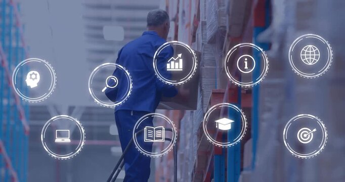 Organizing boxes in warehouse, worker interacts with animation of digital icons