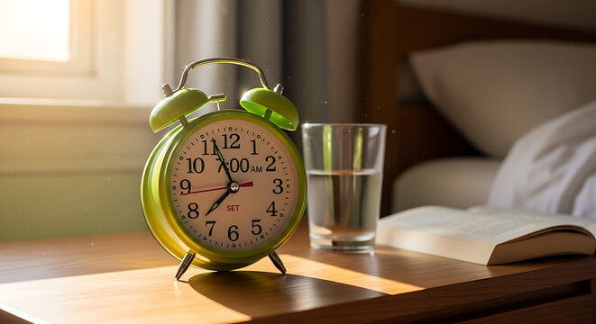 Green alarm clock on bedside table in sunny morning light