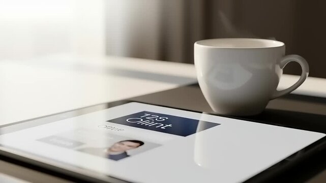 Steaming coffee and digital tablet.