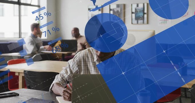 man writing, coworker typing laptop, showcasing technology data animated charts circles world map