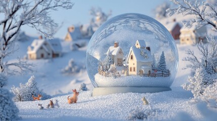 Naklejka premium Playful 3D Winter Scene Featuring House and Animals Inside Snow Globe