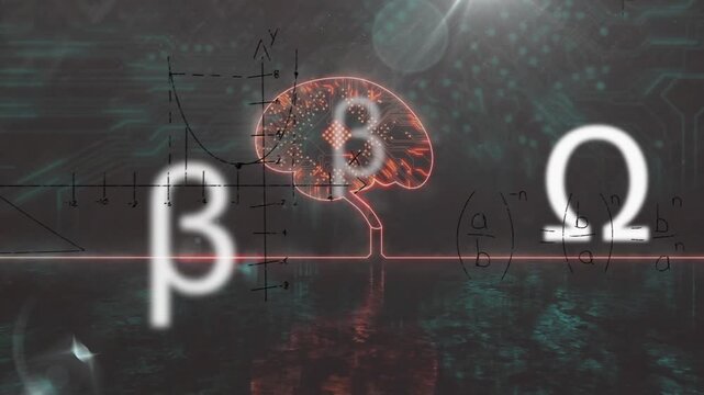 At start neon brain emerging above pulsing line while Greek symbols zooming visualizing computation