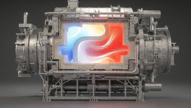 Medium shot focused on a zoomedin 3D furnace model within the digital twin emphasizing intricate structural details and heat flow analysis for operational optimization.