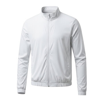 White athletic jacket with zipper and elastic cuffs isolated on transparent background