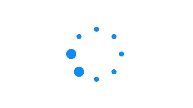 Blue circular dots progress indicator. Professional flat design loading animation for website buffering and data upload.