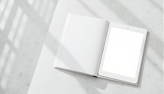 Digital tablet mockup placed on an open fashion magazine spread. Ideal for digital publishing presentation, responsive design showcase, and editorial layout preview (copy space)