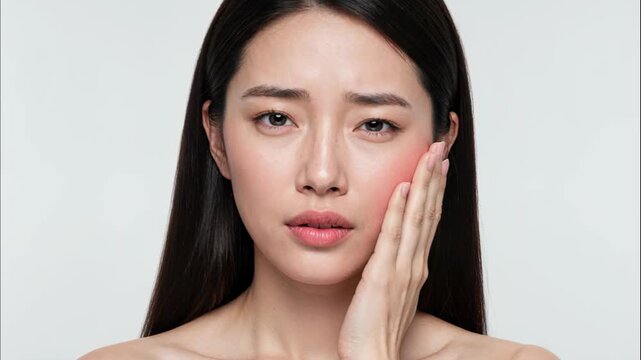 Concerned Facial Expression: A young woman, her delicate features etched with worry and concern, tenderly touches her cheek, capturing a moment of unease.