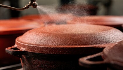 Obraz premium Closeup of vibrant matte enamel coating being evenly sprayed onto cast iron pots highlighting texture and preparation for kiln curing.