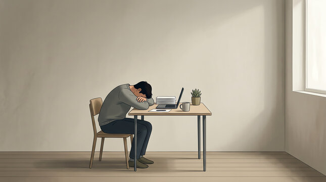Tired man resting head on desk with laptop in minimal workspace representing burnout stress and fatigue