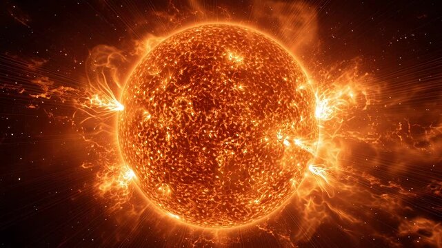 Detailed close-up view of the sun with solar flares and intense fiery activity.
