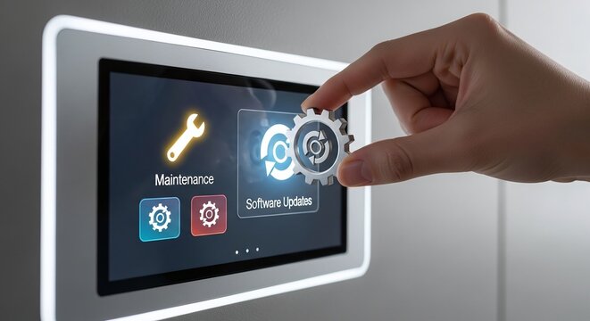 Human hand interacts with a modern industrial touchscreen interface, placing a gear icon to initiate system maintenance and software updates on an automated control panel