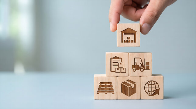 Hand assembling wooden blocks with logistics icons, symbolizing strategic supply chain management, efficient global delivery, and optimized business operations for modern industry solutions
