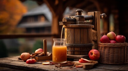 Obraz premium Rustic Wooden Cider Press and Fresh Apples in Autumn Setting