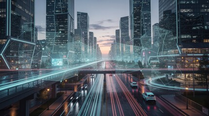 Fototapeta premium A futuristic cityscape featuring tall buildings, illuminated streets, and vibrant traffic trails, showcasing advanced urban design and technology.
