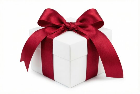 Caixa de presente branca elegante com la&ccedil;o de fita de cetim vermelho isolada no fundo branco. Conceito de Natal, feriado e celebra&ccedil;&atilde;o