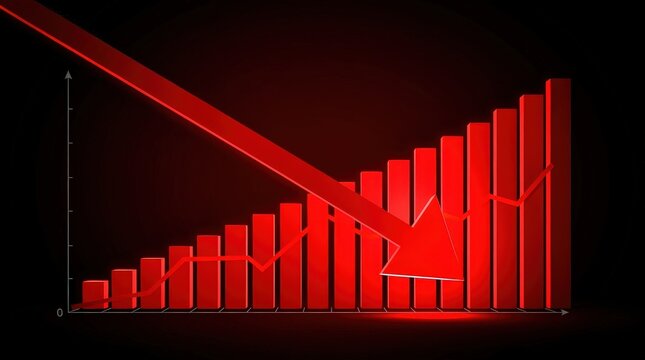 A striking red graph depicting declining trends, featuring bars and an arrow pointing downward, symbolizing a decrease in performance or value.