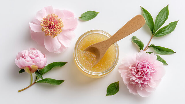 Top view of a glass jar filled with golden waxing sugar paste, a natural beauty product for hair removal with a clean minimal skincare concept.