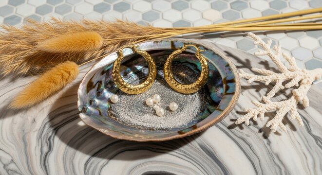 Gold Hoop Earrings Displayed in Decorative Shell Setting