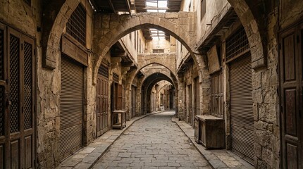 Obraz premium A historic, old, cobblestone alleyway with arches and closed wooden doors in a traditional, ancient architecture setting.
