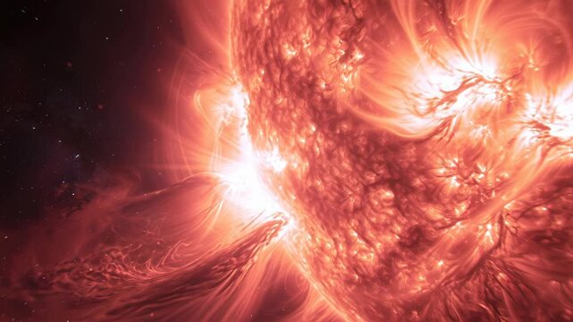Close-up view of the sun with solar flares and intense fiery activity.
