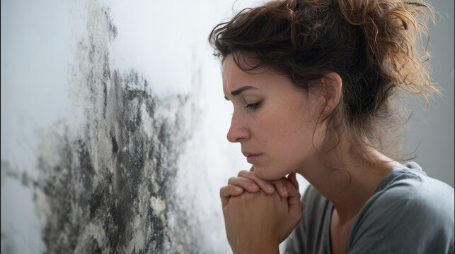 Worried woman crouching near a wall covered with black mold, highlighting indoor air pollution, health risks, and poor living conditions in a damp environment.