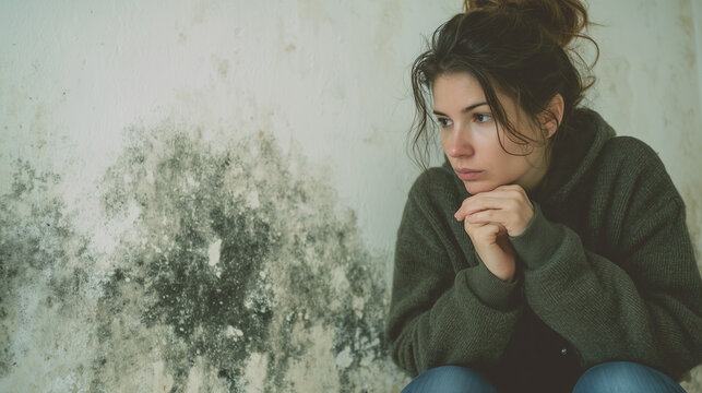 Worried woman crouching near a wall covered with black mold, highlighting indoor air pollution, health risks, and poor living conditions in a damp environment.