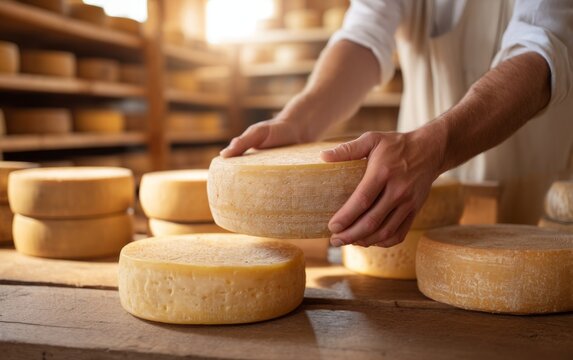 Person Arranging Round Cheese Wheels in Artisan Cheesery