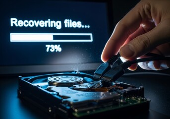 Obraz premium Hand connecting cable to hard drive for data recovery. Computer specialist fixing broken hardware. Concept of information cybersecurity, cloud storage, system repair and digital backup.