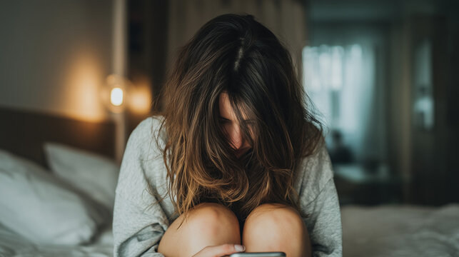 Young woman sitting on bed hugging her knees while using phone, expressing loneliness, depression, and mental health struggles in a quiet intimate moment.